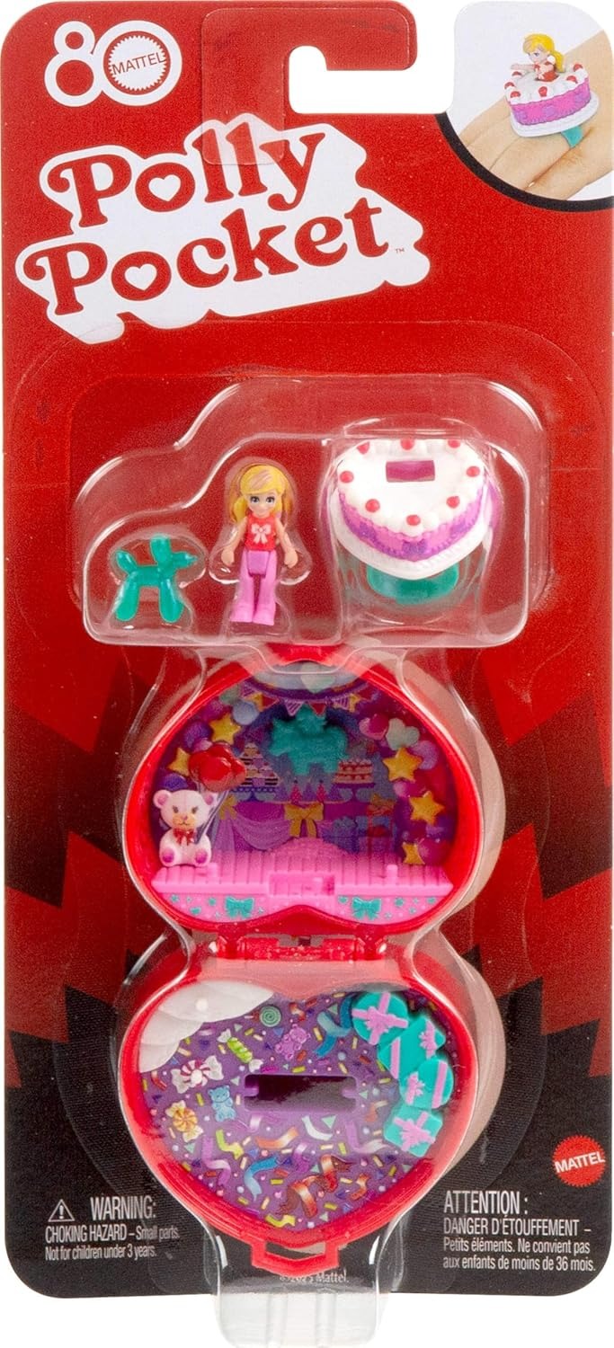 Polly Pocket Mattel 80th Anniversary Compact Playset, Jewelry Box with Doll, Balloon Pet, and Wearable Ring, Ring Box with Celebration Theme