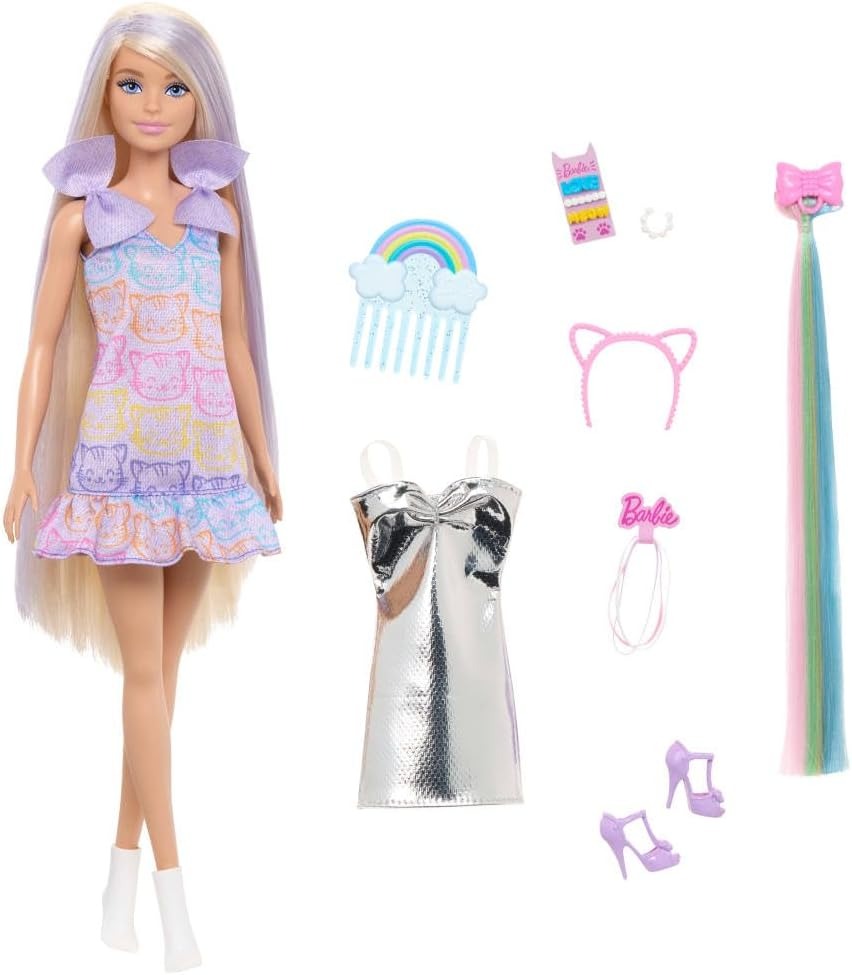 Barbie Fun & Fancy Doll & Accessories, Blonde Fashion Doll with Extra-Long Hair & 2 Looks, Including Silver Metallic Dress & Hair Extension