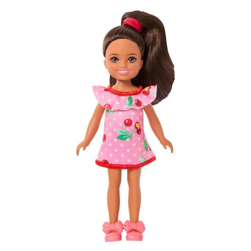 Barbie Club Chelsea Small Doll, 6-Inch Lula with Brunette Hair Wearing Removable Cherry-Print Dress & Sandals