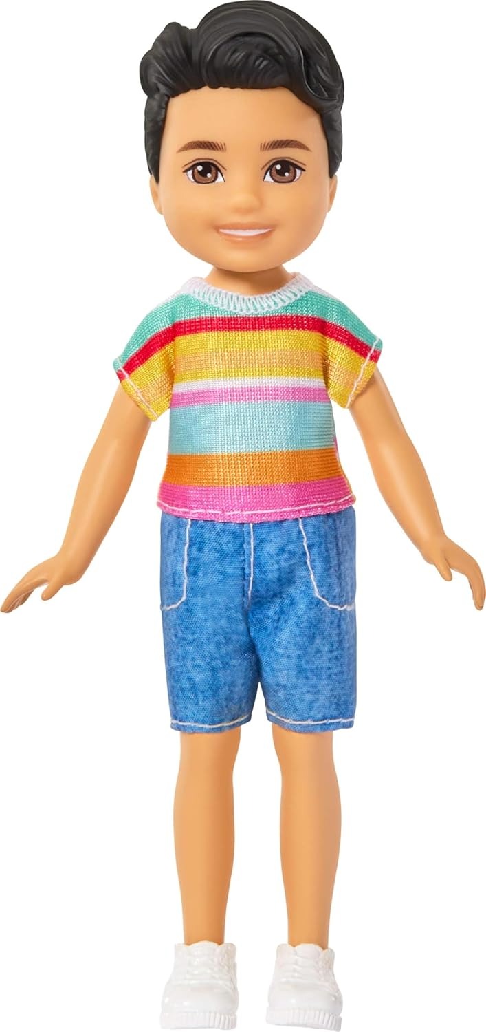 Barbie Club Chelsea Koji 6-Inch Boy Small Doll with Brunette Hair Wearing Removable Striped Shirt, Shorts & Shoes