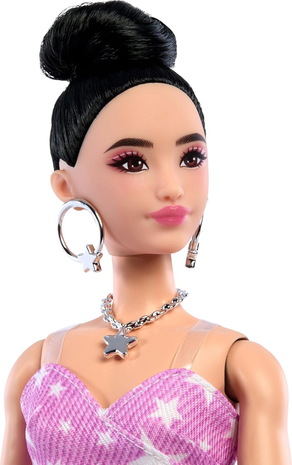 Barbie Deluxe Style Doll #11 in Pink Denim Star-Print Dress with Matching Tights, Black Hair in High Bun, Accessories Like Handbag and Jewelry