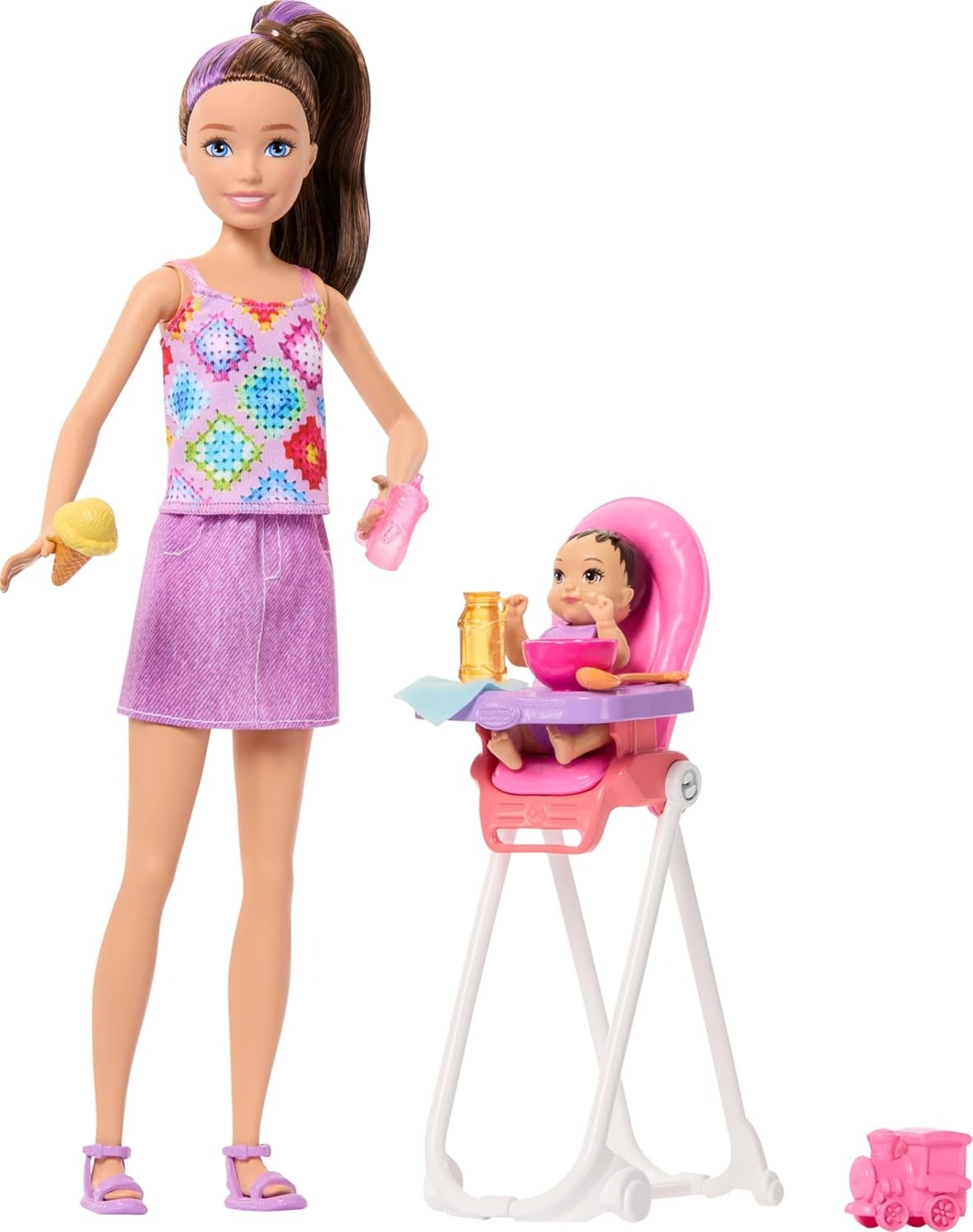 Barbie Skipper Babysitters Inc. Playset with Brunette Doll, Brunette Toddler Doll, High Chair & 8 Accessories Including Food