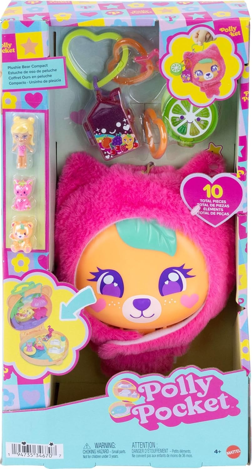 Polly Pocket Doll & Pets Playset, Plushie Bear Compact, Keychain and Plush with Fruit Theme Accessories and Charms