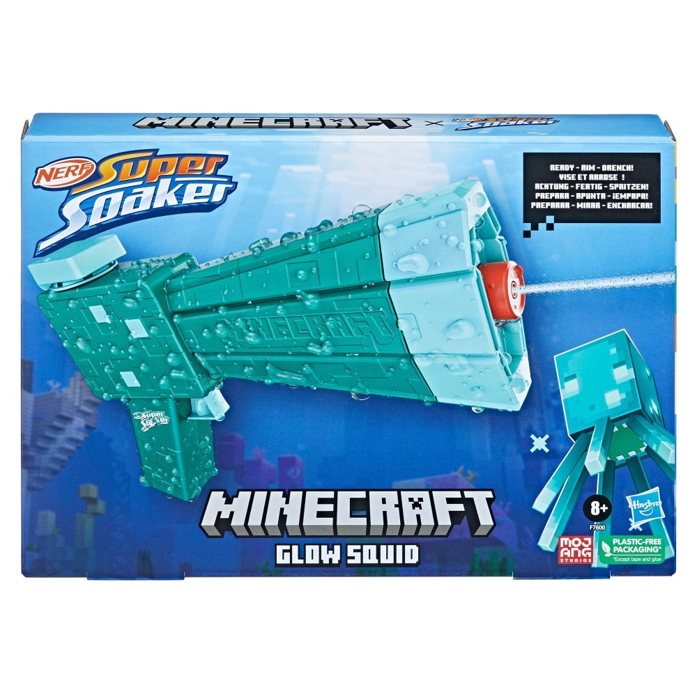 Nerf Super Soaker Minecraft Glow Squid Water Blaster, Minecraft Dungeons Squid Mob Design, Outdoor Water Toy, Outdoor Games for Kids