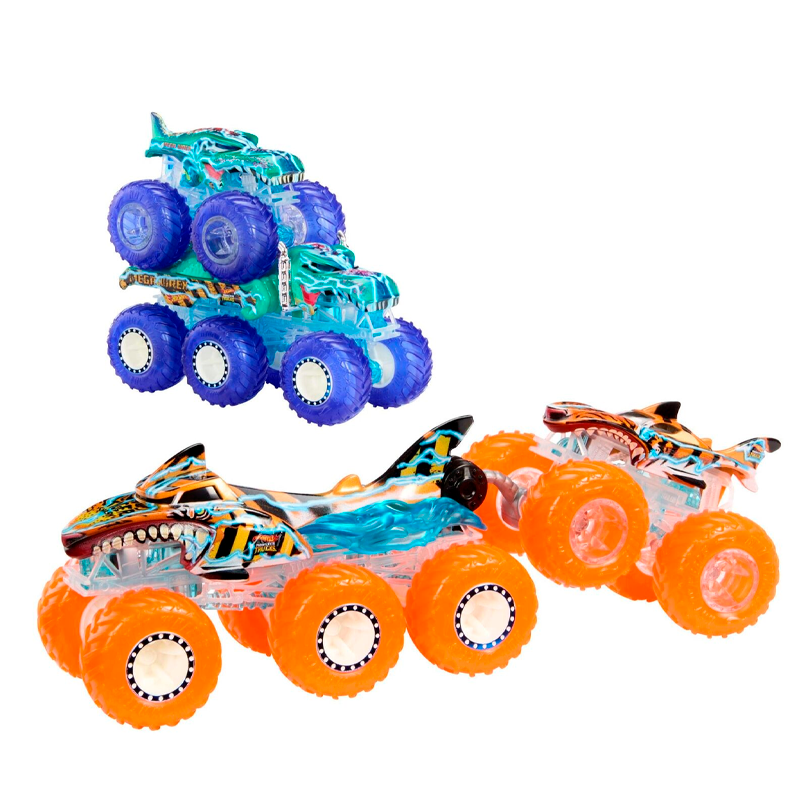 Hot Wheels Monster Trucks Toy Truck & Big Rig Multipack, 1:64 Scale Mega-Wrex & Tiger Shark with Big Rigs in Matching Power Smashers Deco