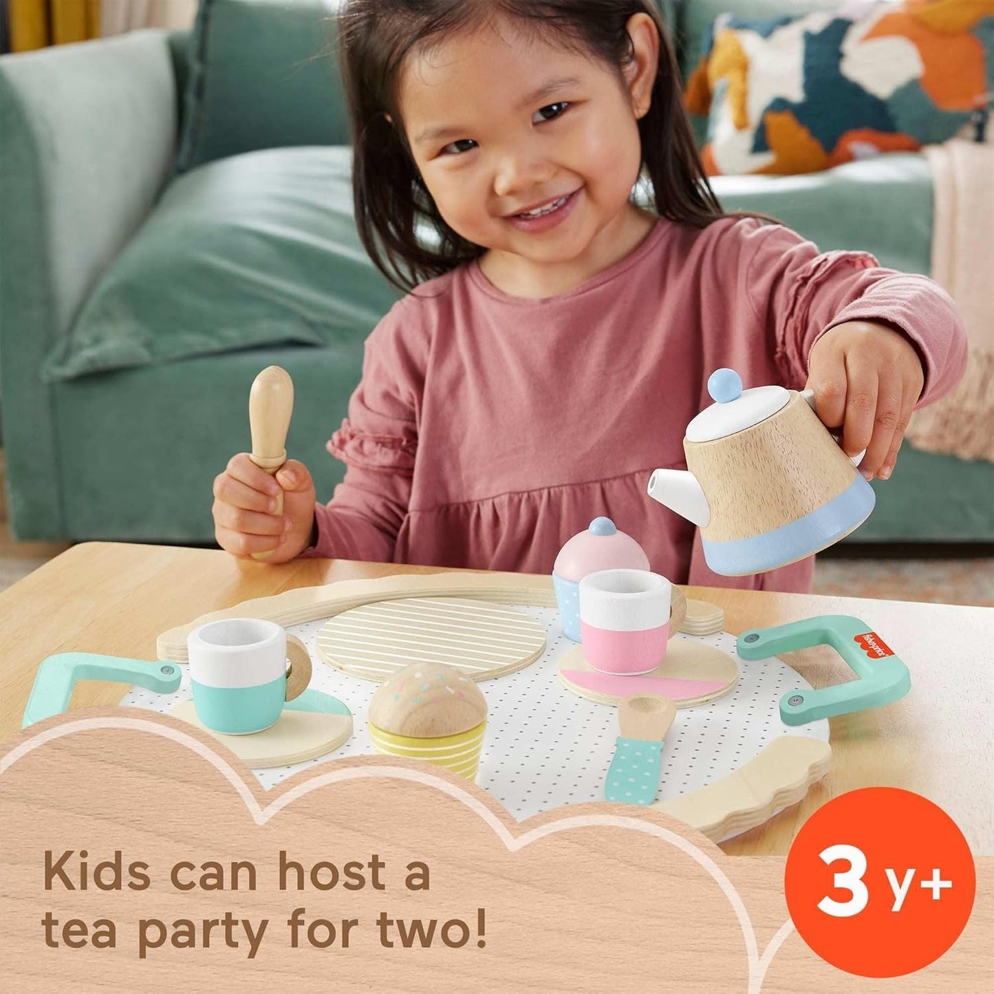 Fisher-Price Wood Pretend Play Toy Tea Set, 12-Piece Wooden Playset with Teapot, Cups & Saucers for Preschool Kids Ages 3+ Years