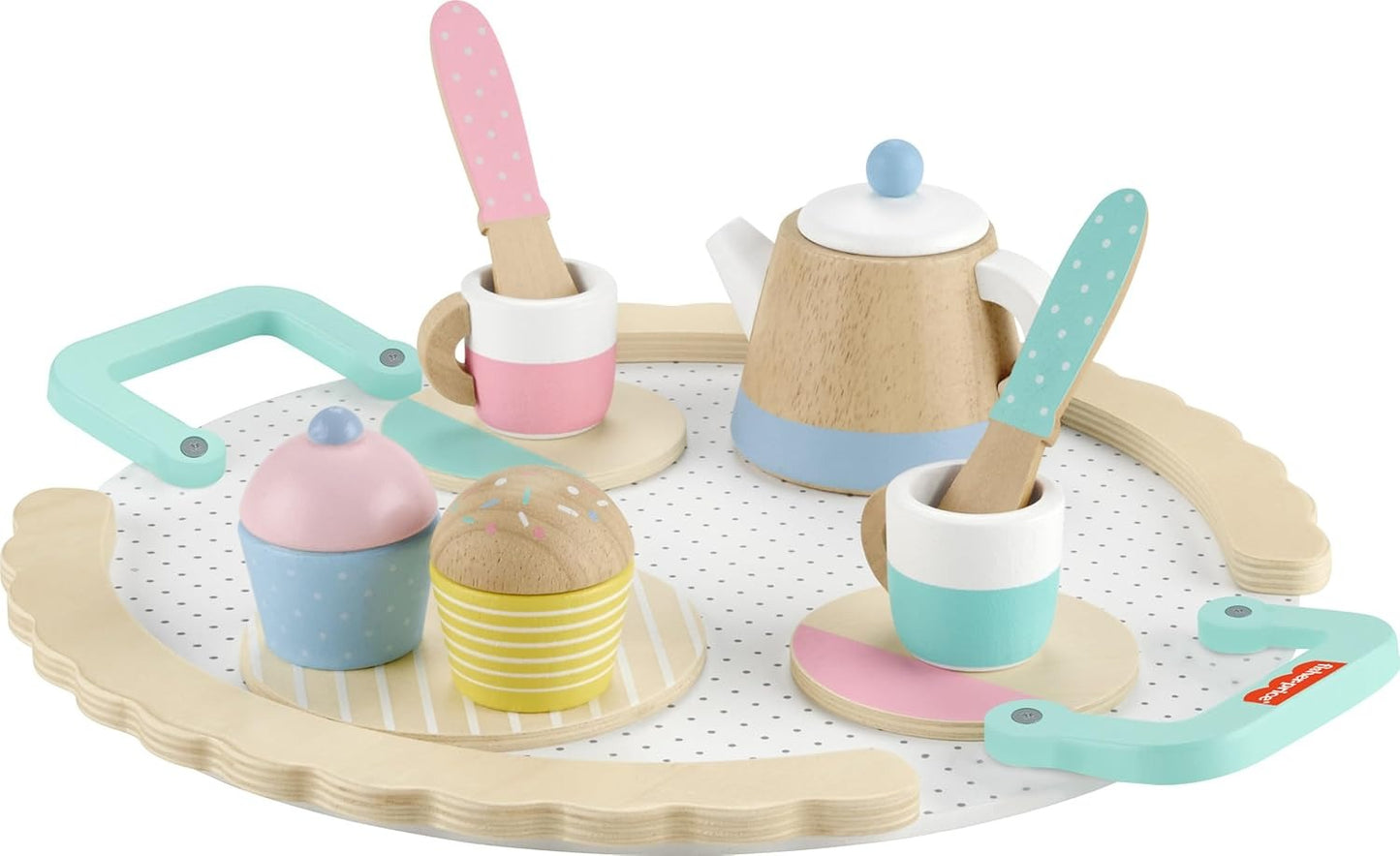 Fisher-Price Wood Pretend Play Toy Tea Set, 12-Piece Wooden Playset with Teapot, Cups & Saucers for Preschool Kids Ages 3+ Years