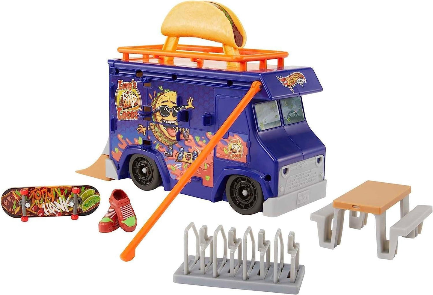 Hot Wheels Skate Taco Truck Play Case, Portable Fingerboard Skatepark Playset for Kids, 1 Exclusive Board, 1 Pair of Removable Skate Shoes & Storage