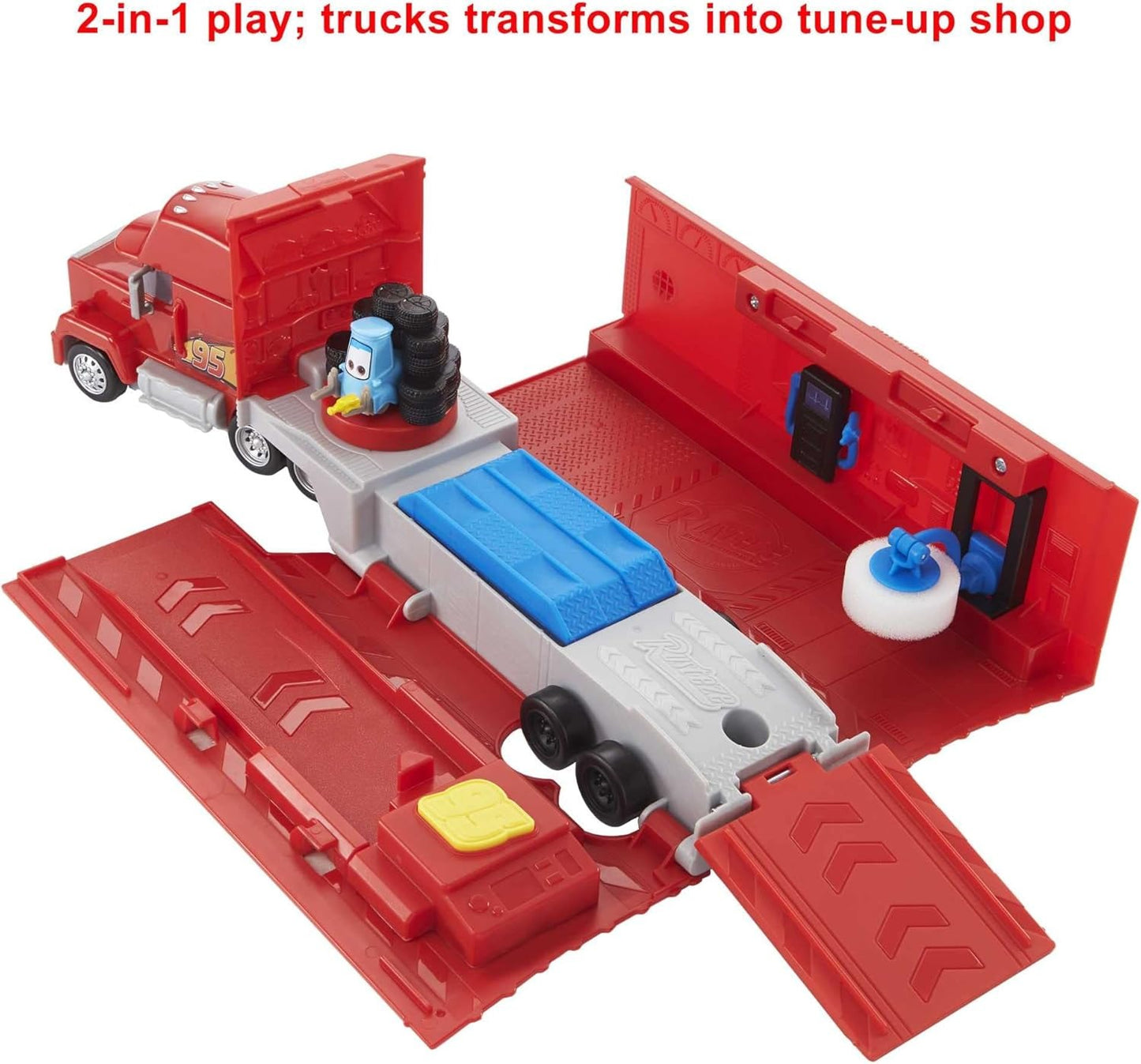 Mattel Disney and Pixar Cars Transforming Mack Playset, 2-in-1 Toy Truck & Tune-Up Station with Launcher, Lift & More