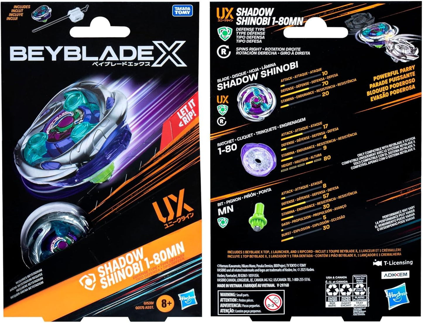 Beyblade X Shadow Shinobi 1-80MN UX Starter Pack Set with Defense Type Top and Launcher; Authentic Takara Tomy Battle Tops Games/Toys for Boys and Girls 8+