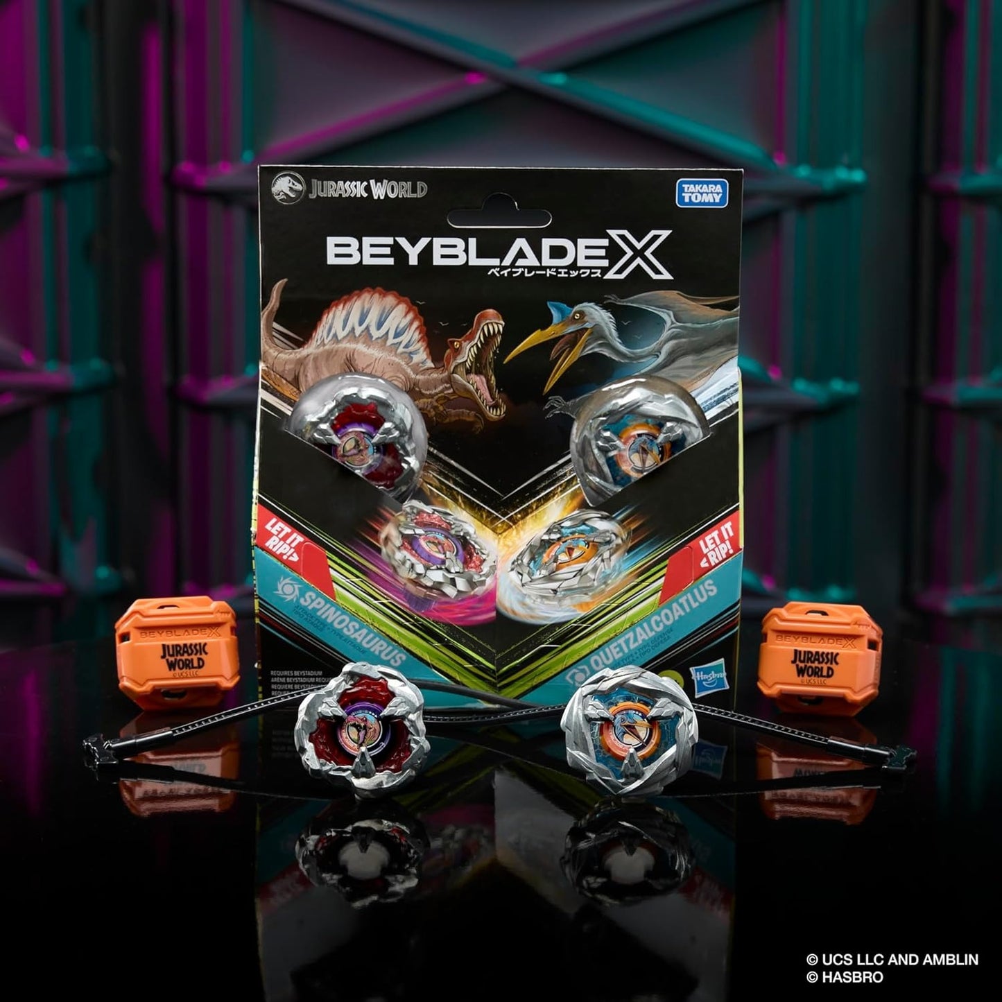 Beyblade X Jurassic World Collab Spinosaurus vs. Quetzalcoatlus Multipack Set, 2 Takara Tomy Tops, 2 launchers, Battling Tops Game, Dinosaur Toys, Ages 8+
