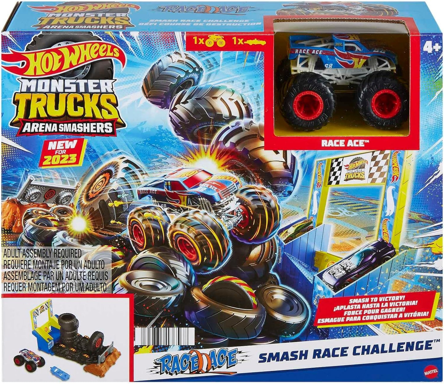 Hot Wheels Monster Trucks Arena Smashers Race Ace Smash Race Challenge Playset with 1:64 Scale Race Ace Toy Truck and 1 Crushable Car