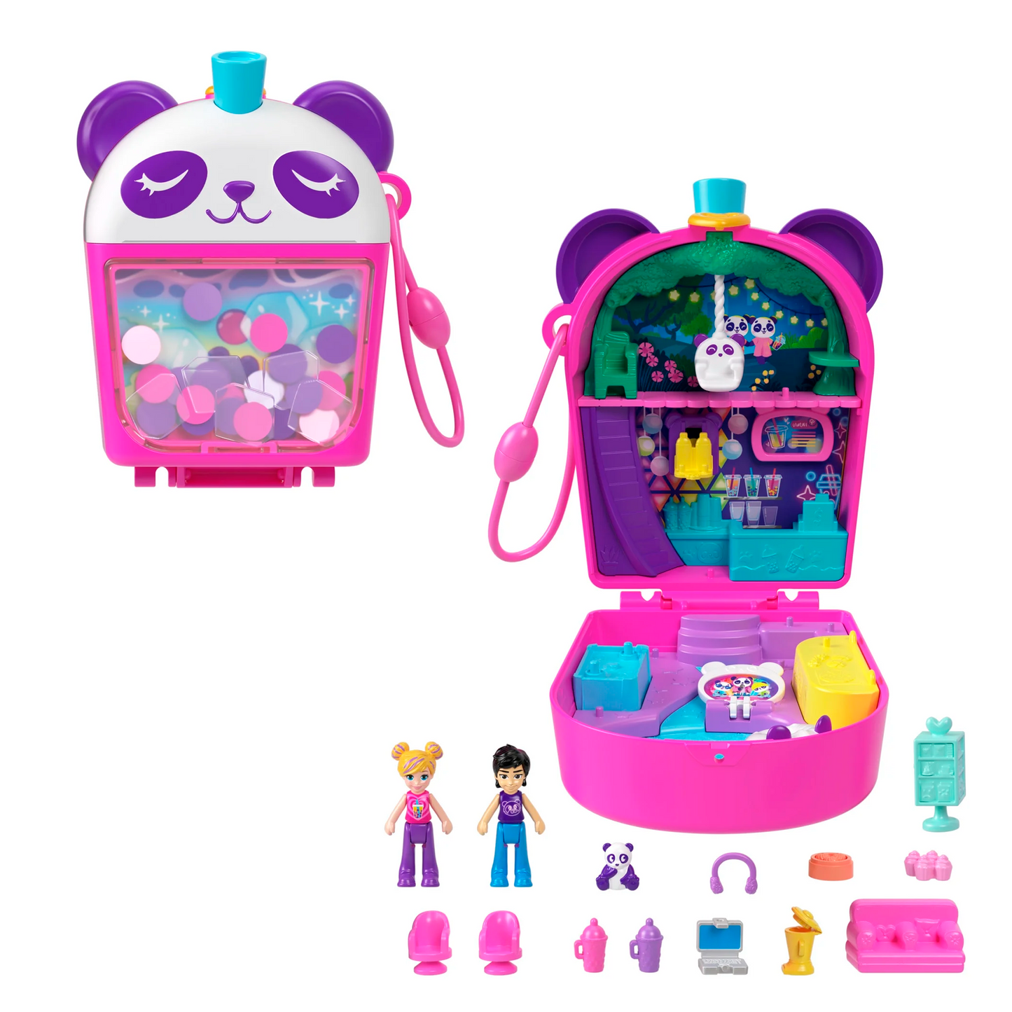 Polly Pocket Dolls & Playset, Bubble Tea Panda Compact, Animal Toy with 2 Micro Dolls, Pet Panda & Food Accessories