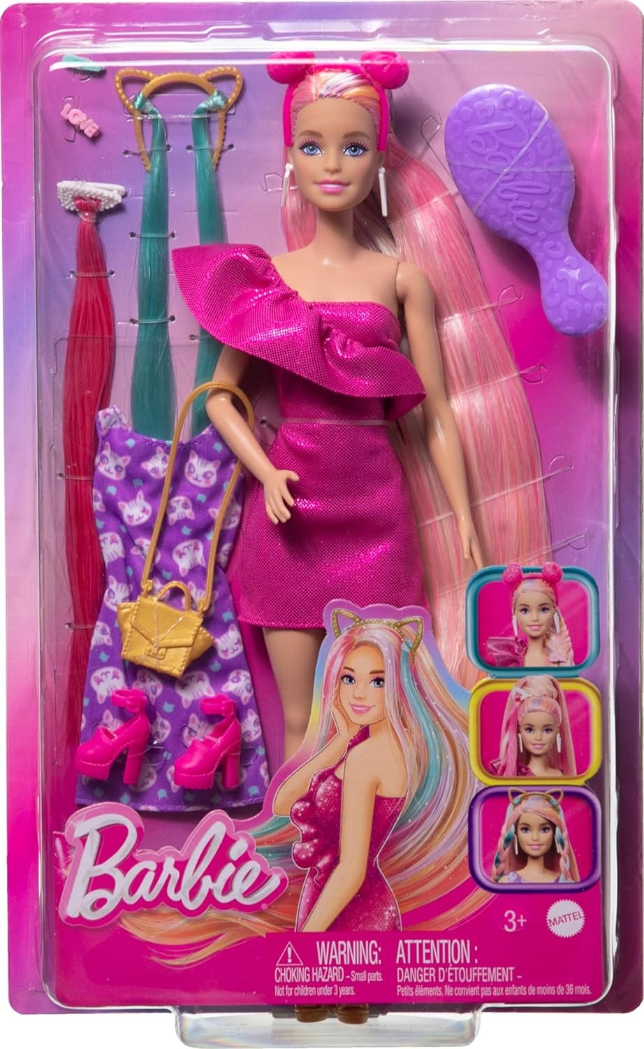 Barbie Doll, Fun & Fancy Hair with Extra-Long Colorful Blonde Hair and Glossy Pink Dress, 10 Fashion Play Accessories
