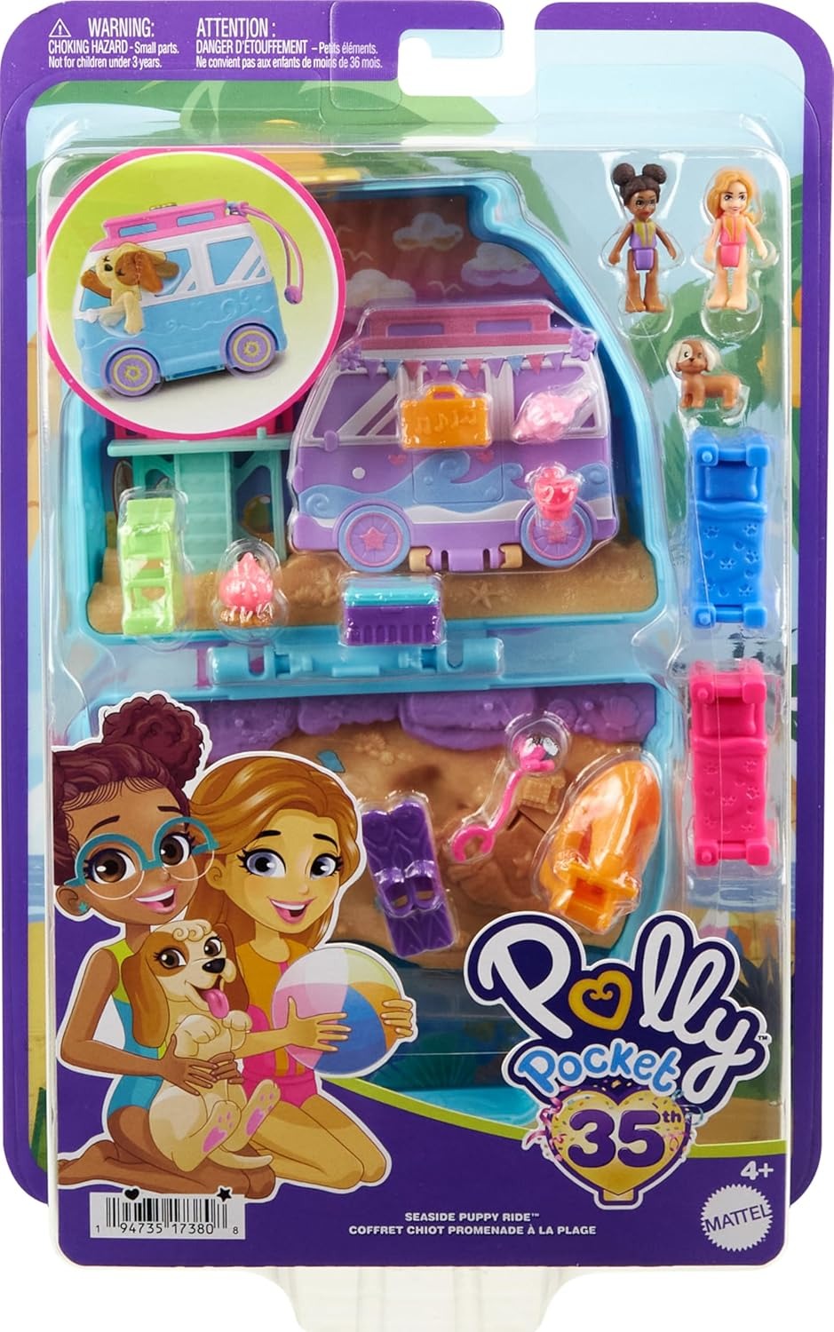 Polly Pocket Dolls & Playset, Seaside Puppy Ride Compact with 11 Accessories, Travel Toy with Fidget Exterior