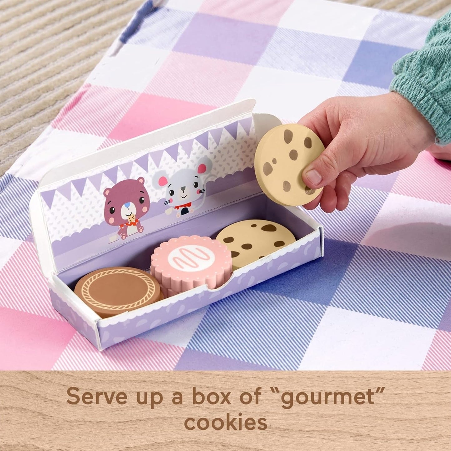 Fisher-Price Wood Pretend Play Toy Picnic Tea Set, 18-Pieces with Blanket, Wooden Cups Saucers & Food for Preschool Kids Ages 3+ Years