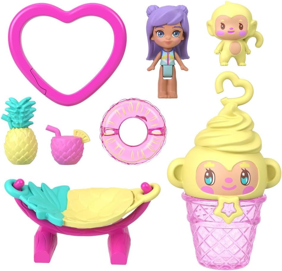 Polly Pocket Dolls and Playset, Pineapple Monkey Compact, Travel Toy with 1 Micro Doll, Pet, Hammock, Fruit Themed Accessories