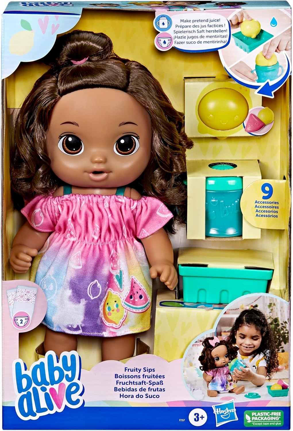 Baby Alive Fruity Sips Doll, Lemon, Pretend Juicer Baby Doll Set, Kids 3 and Up, Brown Hair