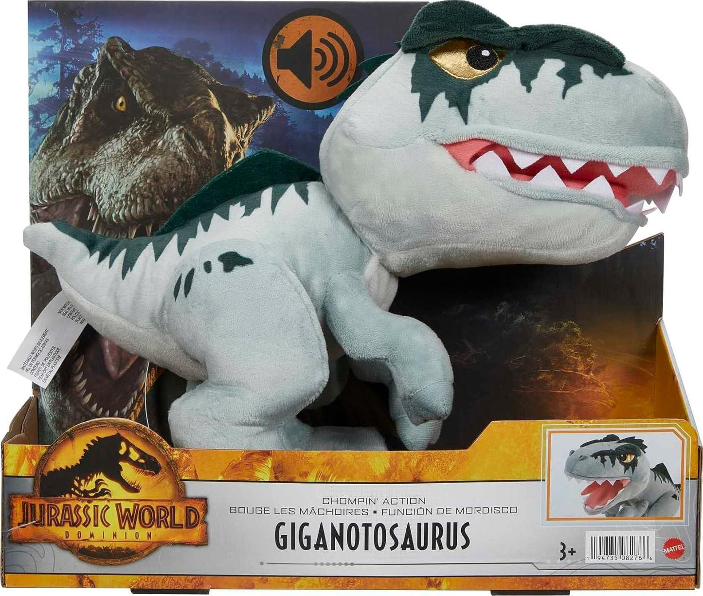 Mattel Jurassic World Dominion Chompin’ Action Giganotosaurus Plush Dinosaur Figure, Soft Doll with Roar Sound and Chomp Motion, Toy Gift