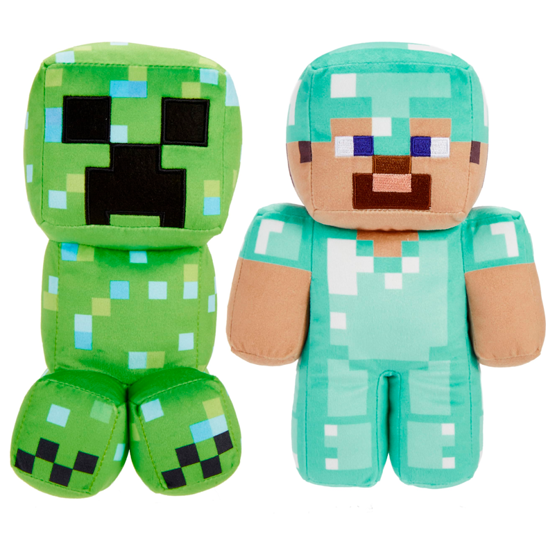 Mattel Minecraft Plush Figure 2-Pack, Steve in Diamond Armor & Charged Creeper Set, Soft Character Dolls in 8-inch Scale
