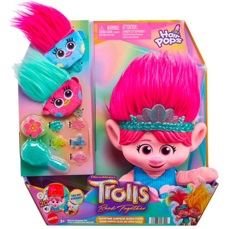 Mattel DreamWorks Trolls Band Together Plush Toy, Hair Pops Showtime Surprise Queen Poppy Soft Doll with Lights, Sounds, 1 Hair Pops & 3 Accessories