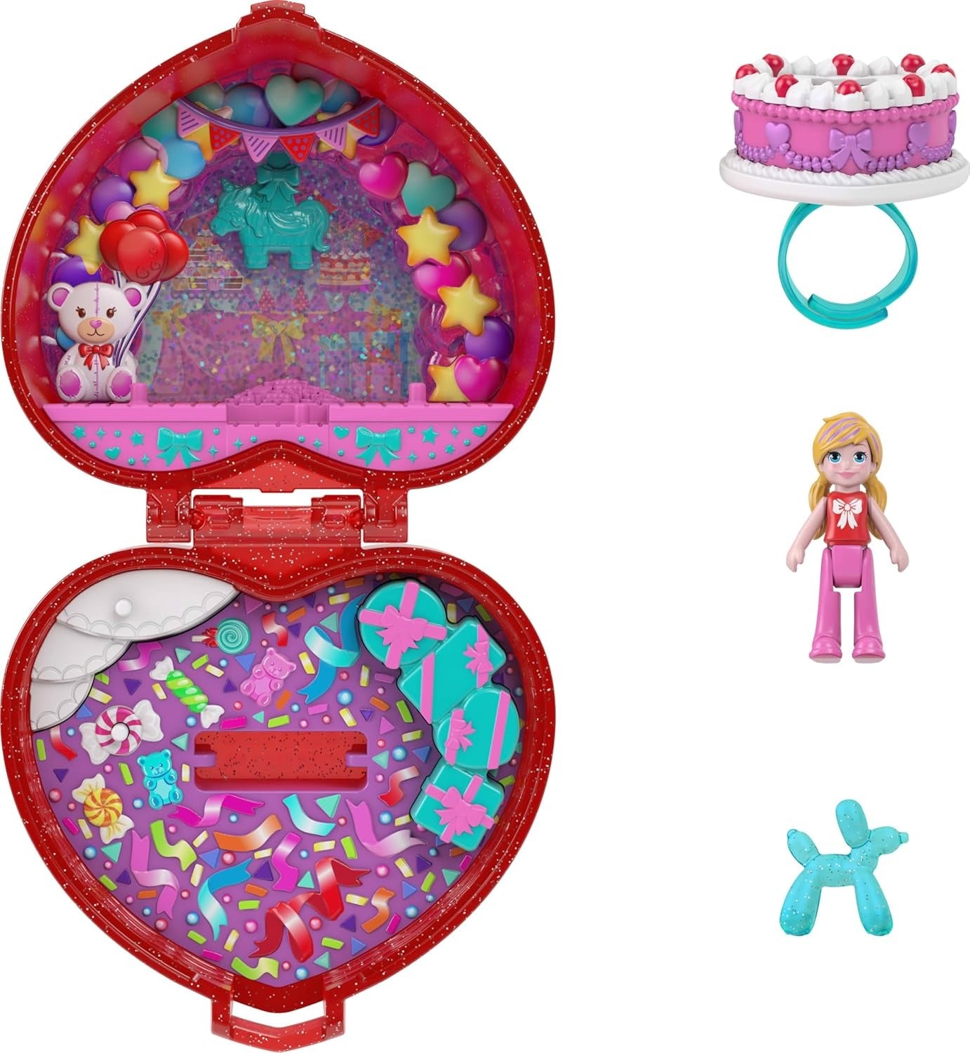Polly Pocket Mattel 80th Anniversary Compact Playset, Jewelry Box with Doll, Balloon Pet, and Wearable Ring, Ring Box with Celebration Theme