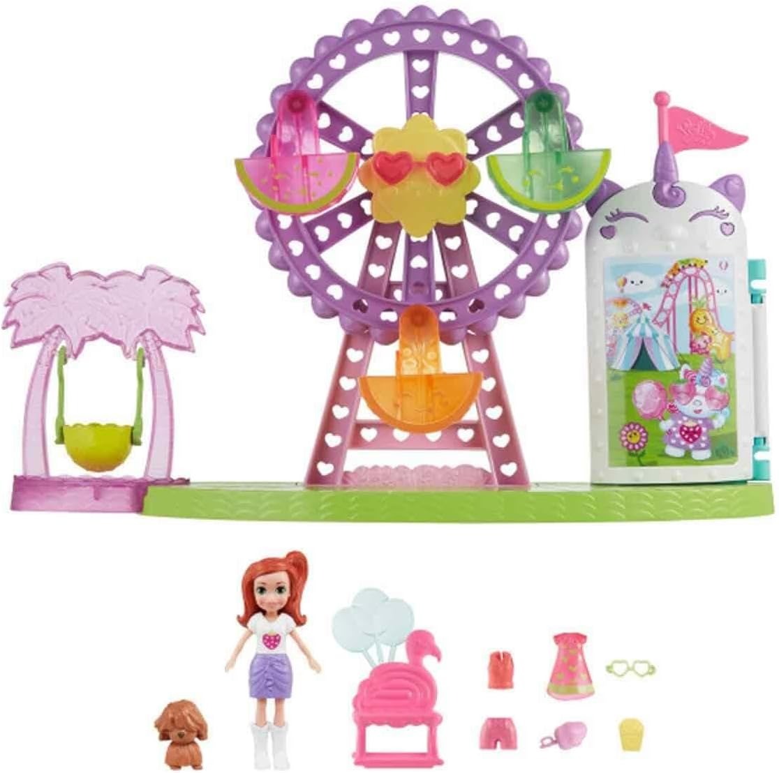Polly Pocket Doll & Playset, Tropical Treats Carnival Food-Themed Toy Includes 3-inch Doll, 1 Puppy, 10 Accessories & Spinning Ferris Wheel