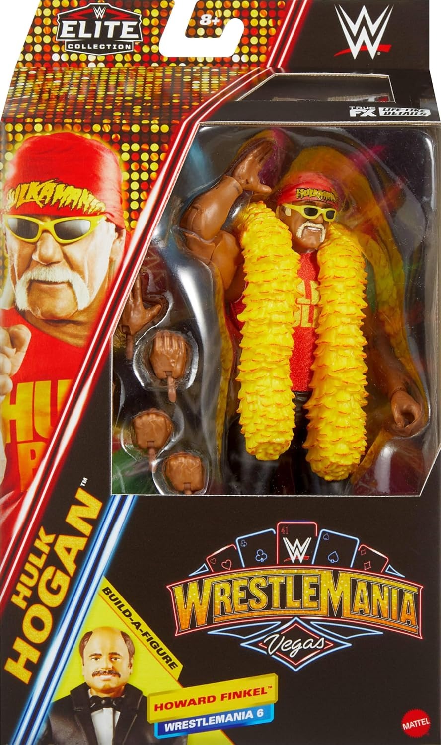 Mattel WWE Elite Collection Action Figure & Accessories, Premium Live Event Hulk Hogan Set, Wrestlemania with Howard Finkel Build-A-Figure Parts
