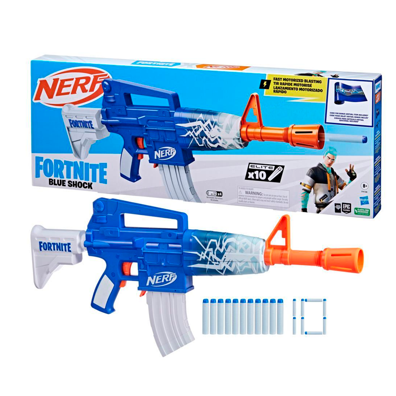 Nerf Fortnite Blue Shock Dart Blaster, 10-Dart Clip, 10 Elite Nerf Darts, Unlock Code