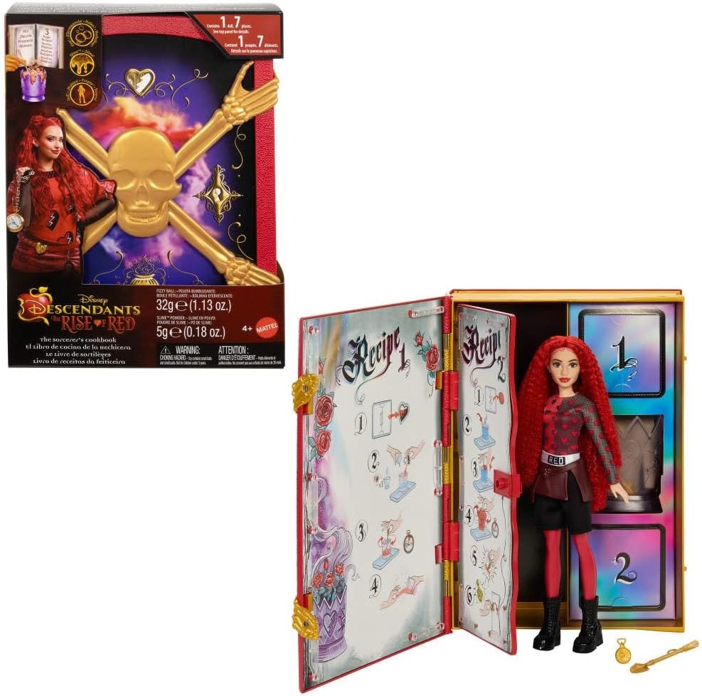 Mattel Disney Descendants: The Rise of Red – Red, Daughter of Queen of Hearts Doll & Playset, The Sorcerer’s Cookbook, Mix for Slime & Surprises