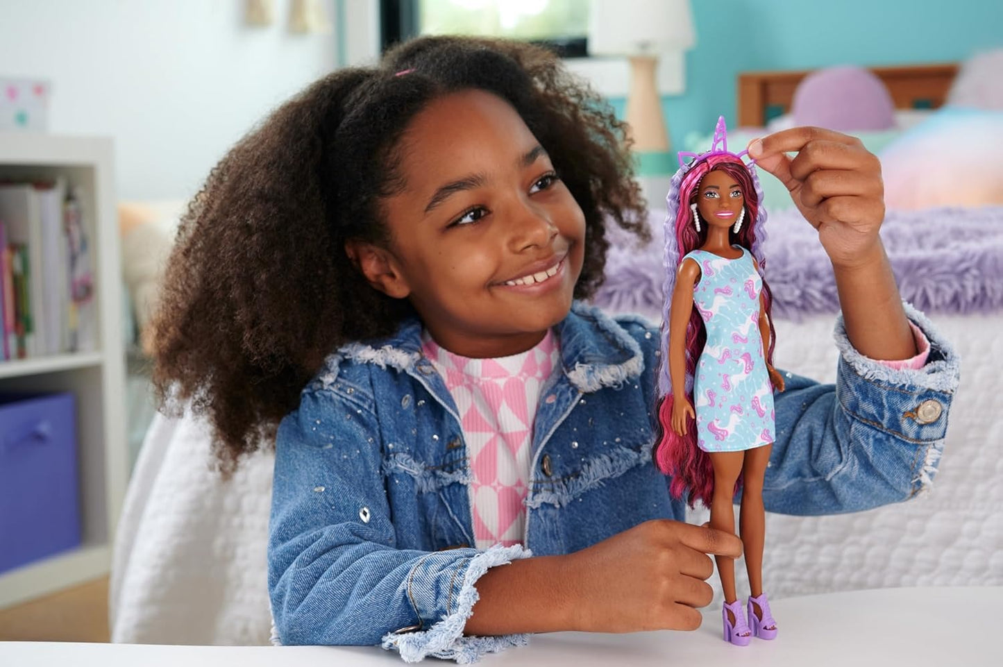 Barbie Doll, Fun & Fancy Hair with Extra-Long Colorful Black Hair and Shimmery Pink Dress, 10 Fashion Play Accessories