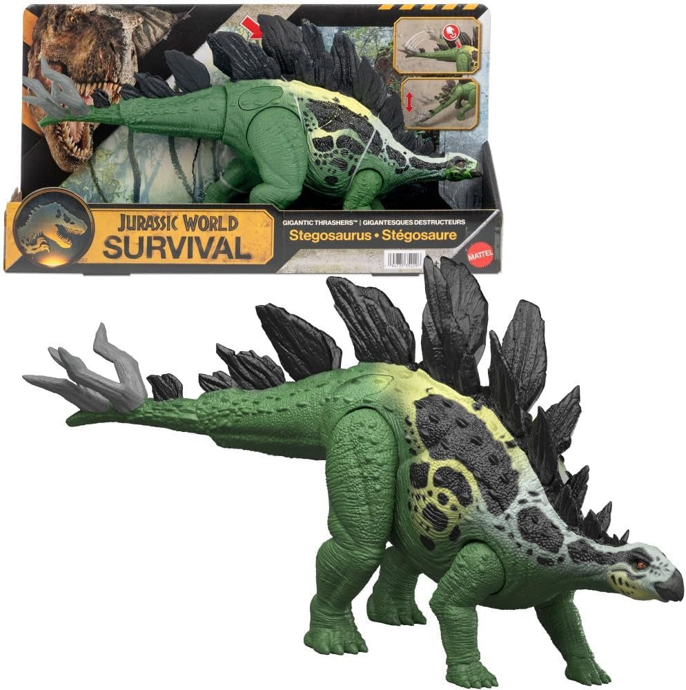 Mattel Jurassic World Dinosaur Figure Toy, Gigantic Thrashers Large Stegosaurus with 2 Attack Action & Evolve Feature, Digital Play
