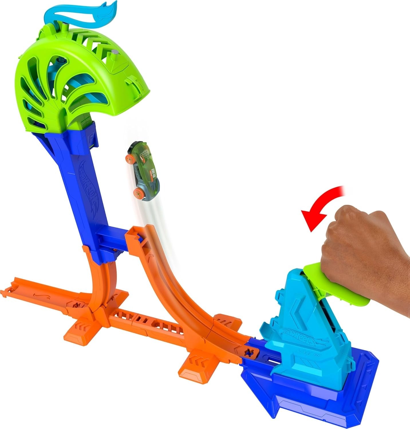 Hot Wheels Toy Car & Track Set, Stunt Tracks Power Launch Champion with 1.5-Foot Jump with Catch Cage, Speed Snap Track Compatible, 1:64 Scale Vehicle