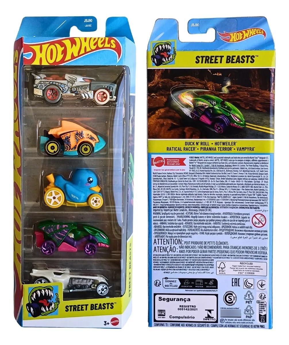 Hot Wheels Street Beasts 5 Pack (Duck N' Roll, Hotweiler, Ratical Racer, Piranha Terror, Vampyra) 1:64 Scale Diecast Toy Vehicles