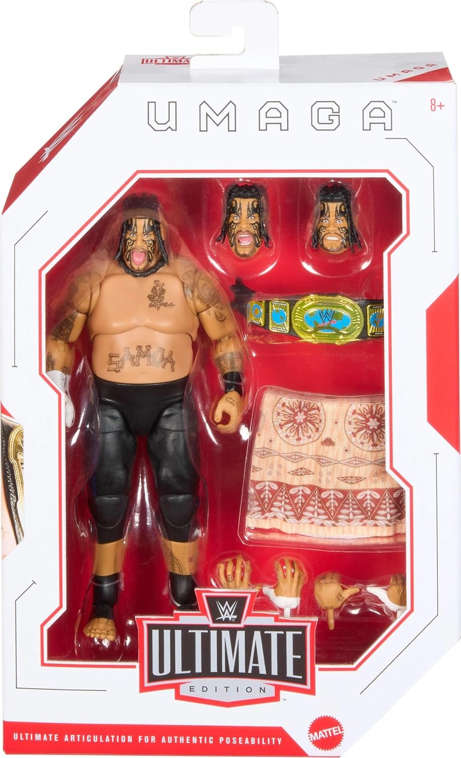 Mattel WWE Ultimate Edition Action Figure & Accessories Set Umaga 6-inch Collectible with Swappable Heads & Hands, 30 Articulation Points