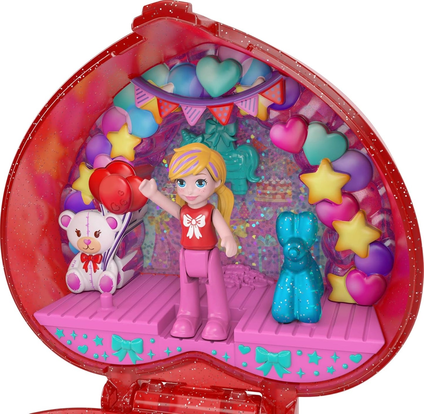 Polly Pocket Mattel 80th Anniversary Compact Playset, Jewelry Box with Doll, Balloon Pet, and Wearable Ring, Ring Box with Celebration Theme