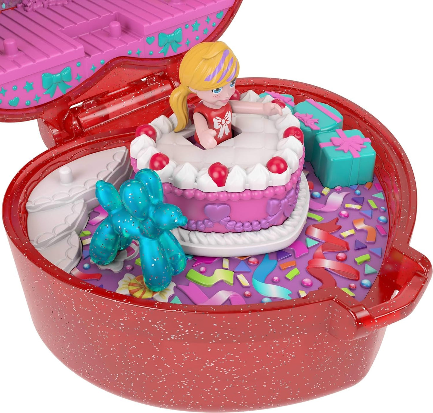 Polly Pocket Mattel 80th Anniversary Compact Playset, Jewelry Box with Doll, Balloon Pet, and Wearable Ring, Ring Box with Celebration Theme
