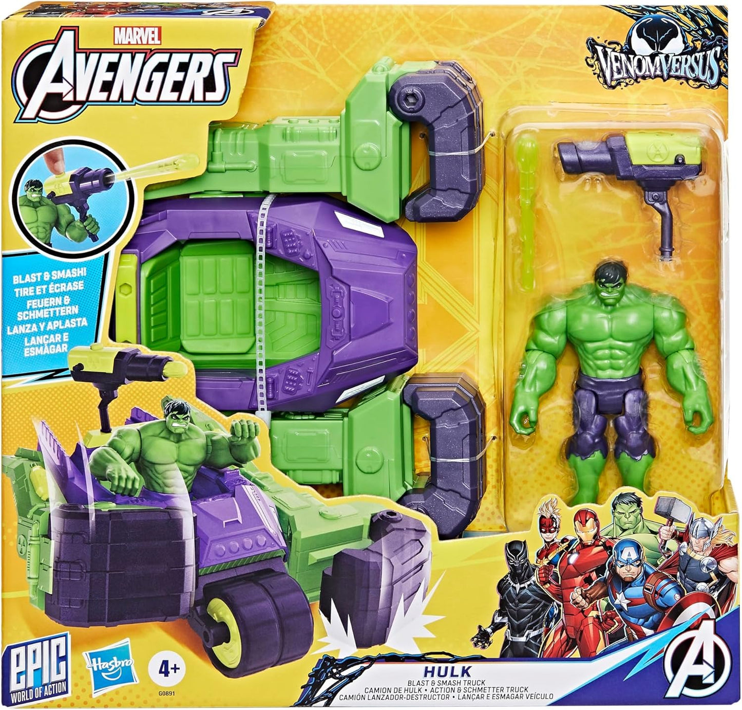 Marvel Avengers VenomVersus Epic World of Action Hulk Blast & Smash Truck Figure & Vehicle Set, 4-Inch Super Hero Toys for Kids Ages 4+