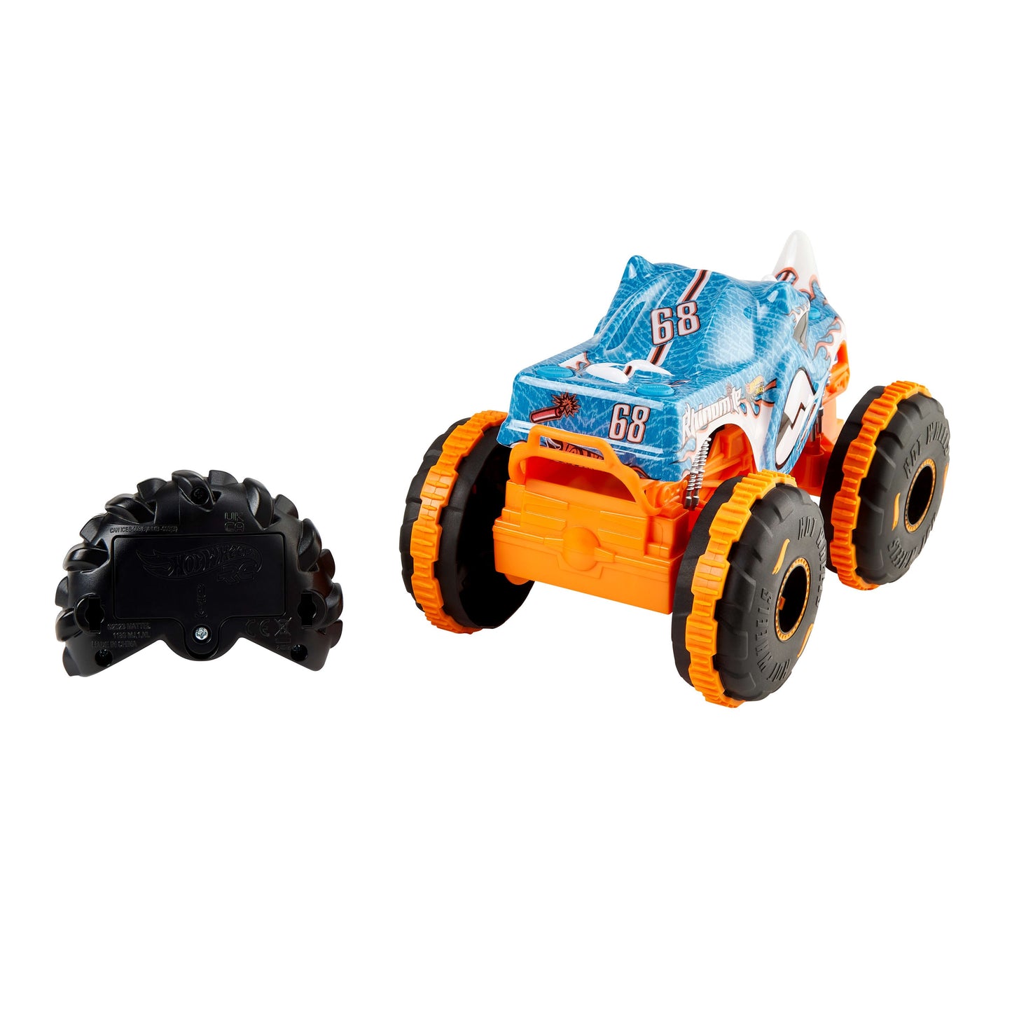 Hot Wheels Monster Trucks RC Toy, Remote-Control Transforming Rhinomite in 1:12 Scale & 1:64 Scale Race Ace, Converts into Launcher, Connects to Track