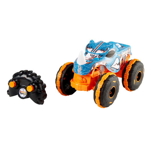 Hot Wheels Monster Trucks RC Toy, Remote-Control Transforming Rhinomite in 1:12 Scale & 1:64 Scale Race Ace, Converts into Launcher, Connects to Track