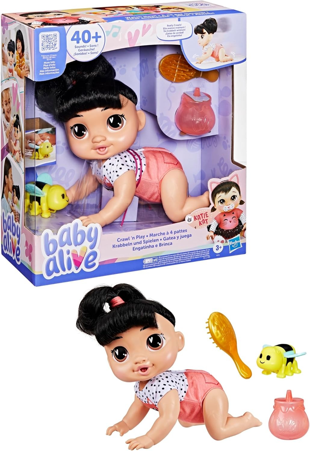 Baby Alive Crawl 'n Play Katie Kat Electronic Crawling Baby Doll Set, Black Hair, Kids Toys for Girls & Boys 3 Years & Up, 10.75 Inches