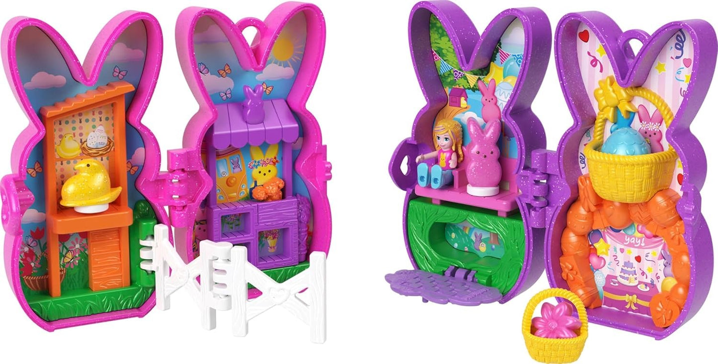 Polly Pocket x Peeps, 6 Micro Dolls & 2 Playsets with 6 Themed Accessories & Clip Keychains, Travel Toy, Partnership Compact