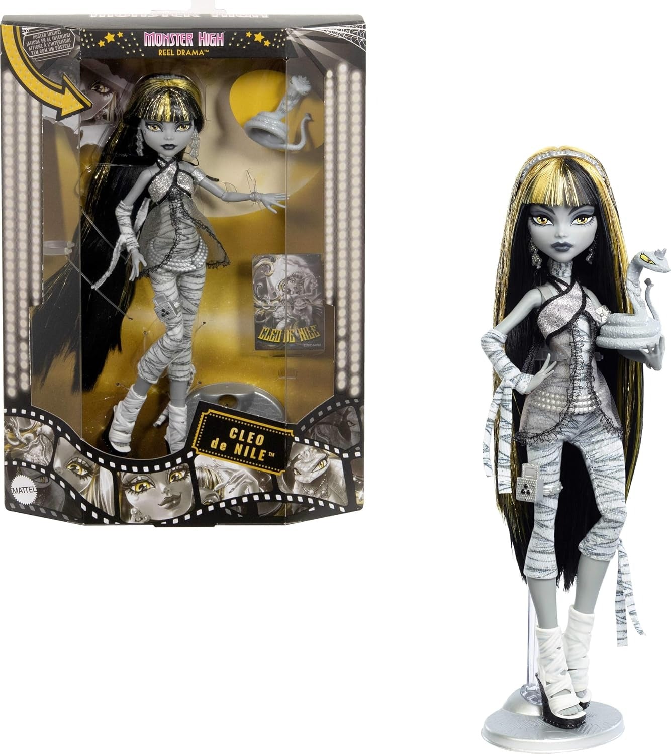 Monster High Reel Drama Doll, Cleo De Nile Black and White Reproduction Collectible with Doll-Size and Life-Size Posters, Horror Flick Theme, and Pet