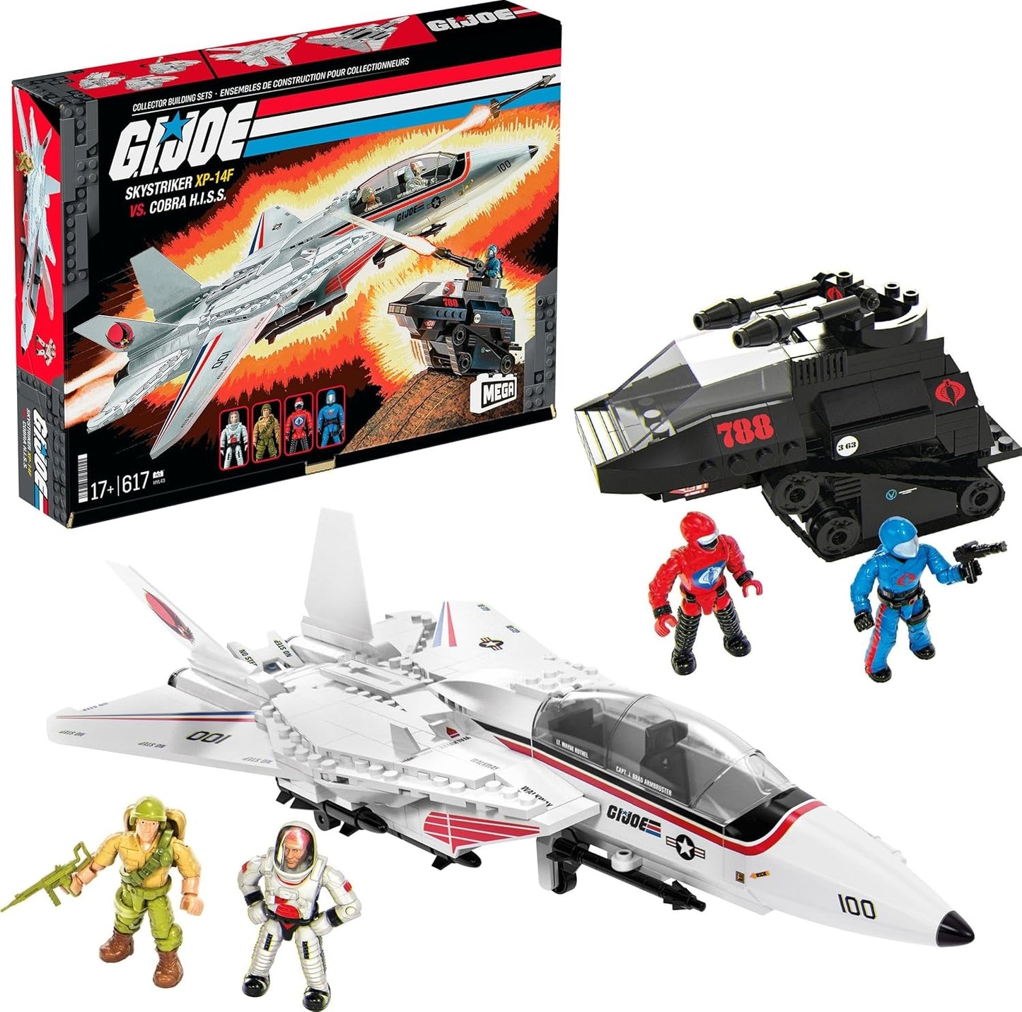 MEGA G.I. Joe Action Figures Building Toys, Skystriker XP-14F vs. Cobra H.I.S.S. with 617 Pieces, 4 Poseable Characters, for Collectors