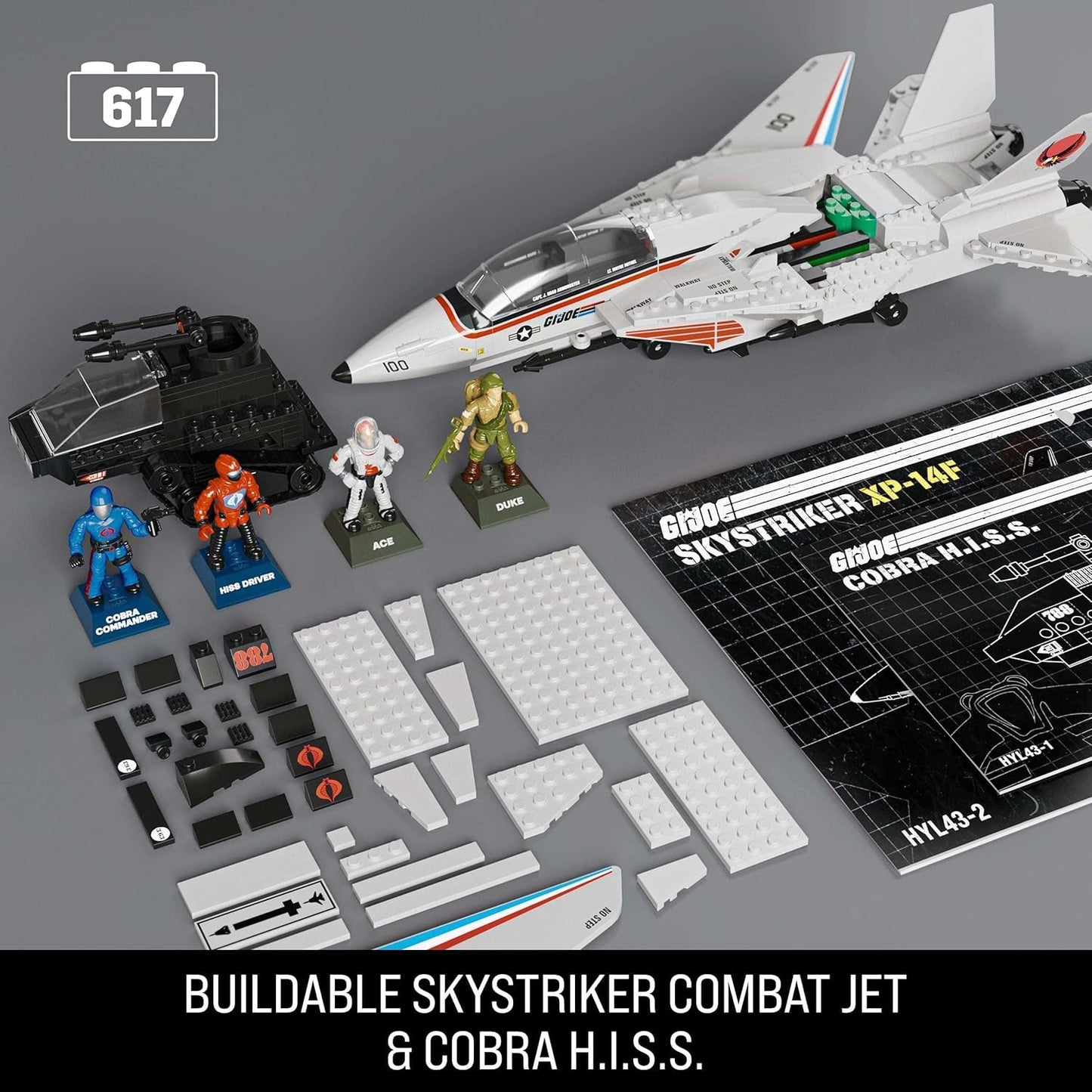 MEGA G.I. Joe Action Figures Building Toys, Skystriker XP-14F vs. Cobra H.I.S.S. with 617 Pieces, 4 Poseable Characters, for Collectors