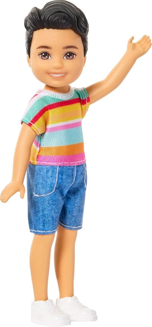 Barbie Club Chelsea Koji 6-Inch Boy Small Doll with Brunette Hair Wearing Removable Striped Shirt, Shorts & Shoes