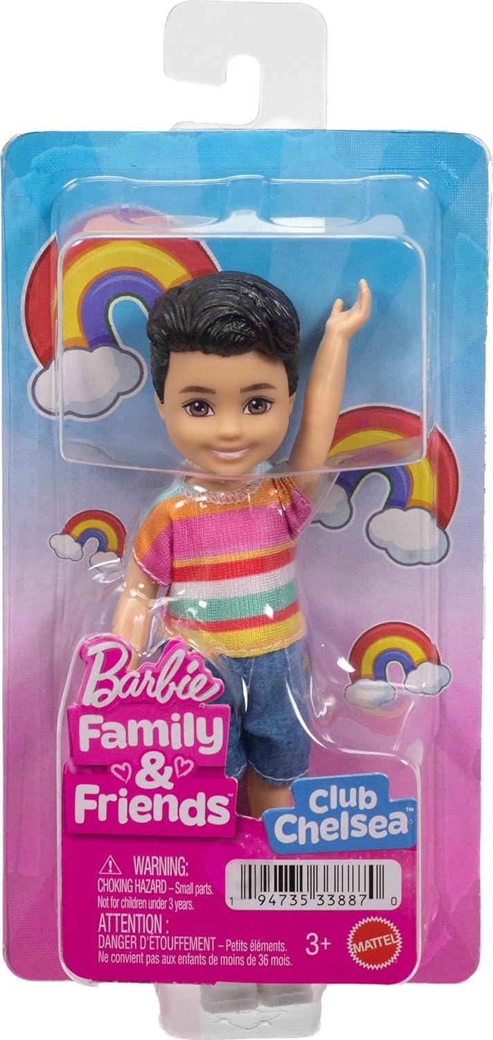 Barbie Club Chelsea Koji 6-Inch Boy Small Doll with Brunette Hair Wearing Removable Striped Shirt, Shorts & Shoes