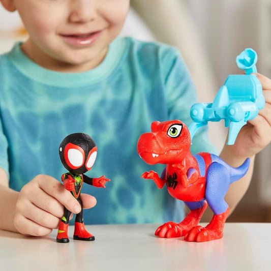 Marvel Spidey and His Amazing Friends Dino-Webs Spidey-Rex & Miles “Spin” Morales 4-inch-Scale Spider-Man Action Figure Set, Toys for Kids