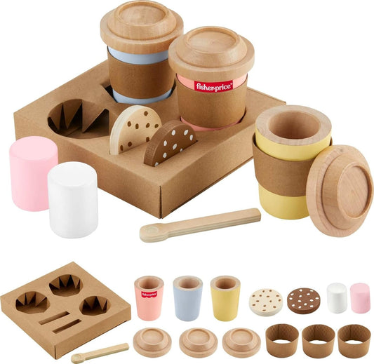 Fisher-Price Wood Pretend Play Toy Coffee to Go Café Set, 15-Piece Wooden Playset with Cups & Food for Preschool Kids Ages 3+ Years