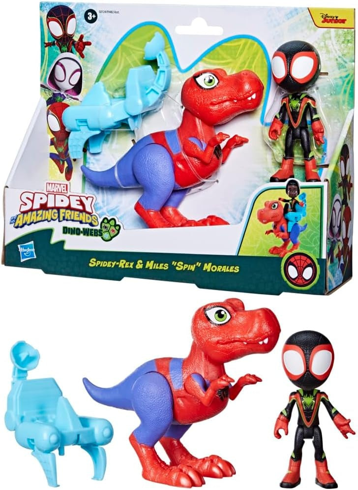 Marvel Spidey and His Amazing Friends Dino-Webs Spidey-Rex & Miles “Spin” Morales 4-inch-Scale Spider-Man Action Figure Set, Toys for Kids
